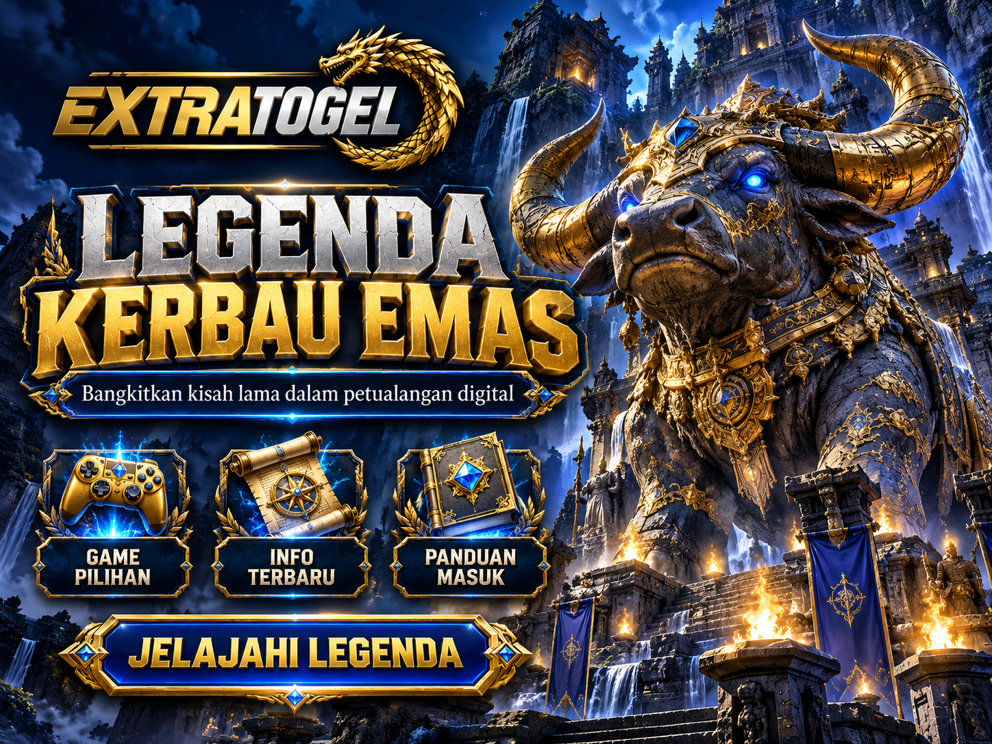 Banner EXTRATOGEL dengan patung kerbau penjaga kuil berukir emas dan mata biru